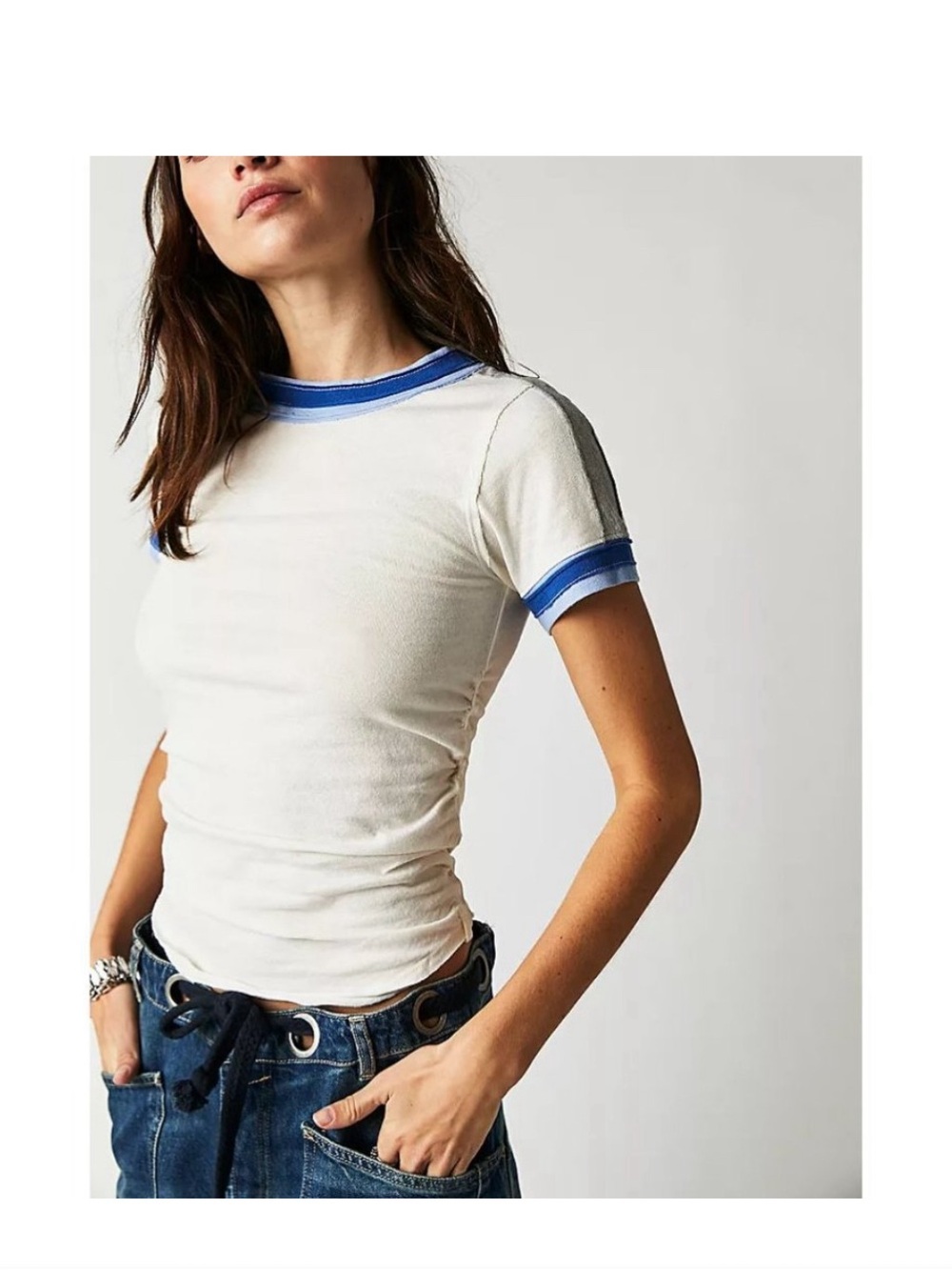 We The Free Cream Ringer Tee with Blue Trim